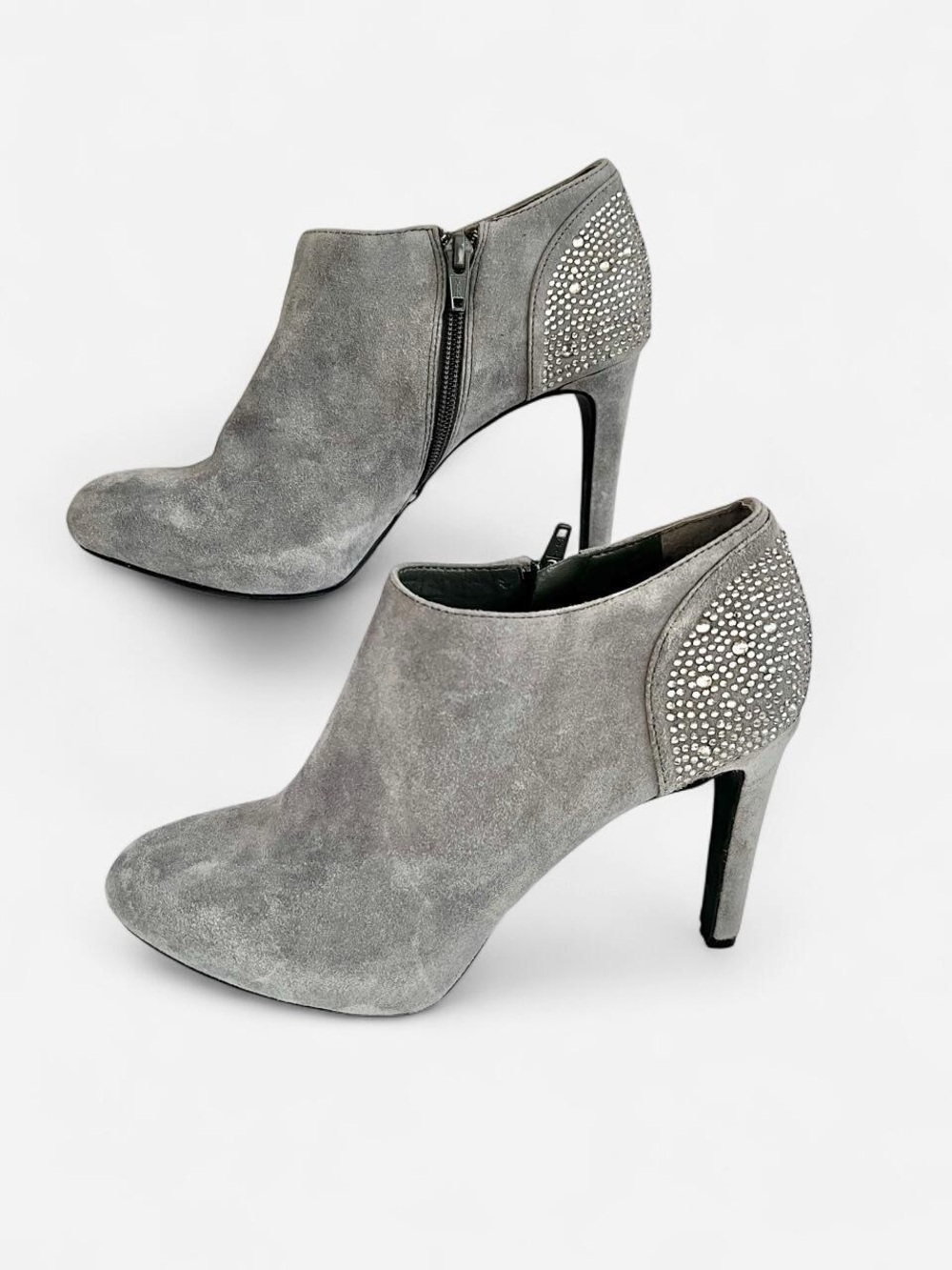 Antonio Melani Grey Suede Ankle Stiletto Bootie with Rhinestones